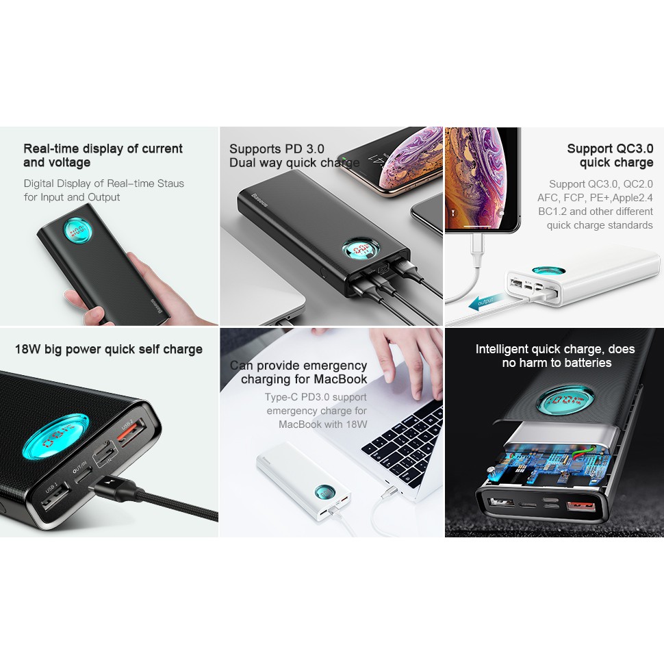 Baseus Power Bank Ambilight Quick Charger 20000mAh 18W PD3.0+QC3.0