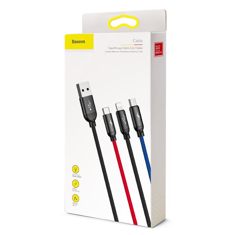 Cáp sạc nhanh 3 đầu kết nối iPhone, Type C, Micro USB Baseus Three Primary Colors 3 in 1