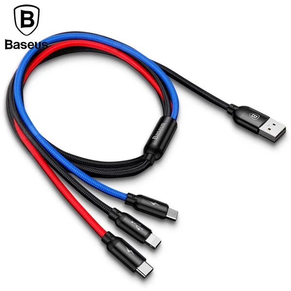 Cáp sạc nhanh 3 đầu kết nối iPhone, Type C, Micro USB Baseus Three Primary Colors 3 in 1