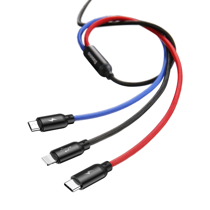 Cáp sạc nhanh 3 đầu kết nối iPhone, Type C, Micro USB Baseus Three Primary Colors 3 in 1