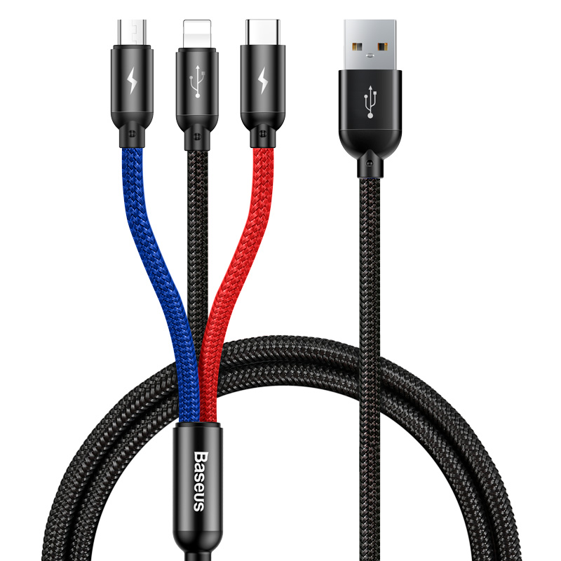 Cáp sạc nhanh 3 đầu kết nối iPhone, Type C, Micro USB Baseus Three Primary Colors 3 in 1