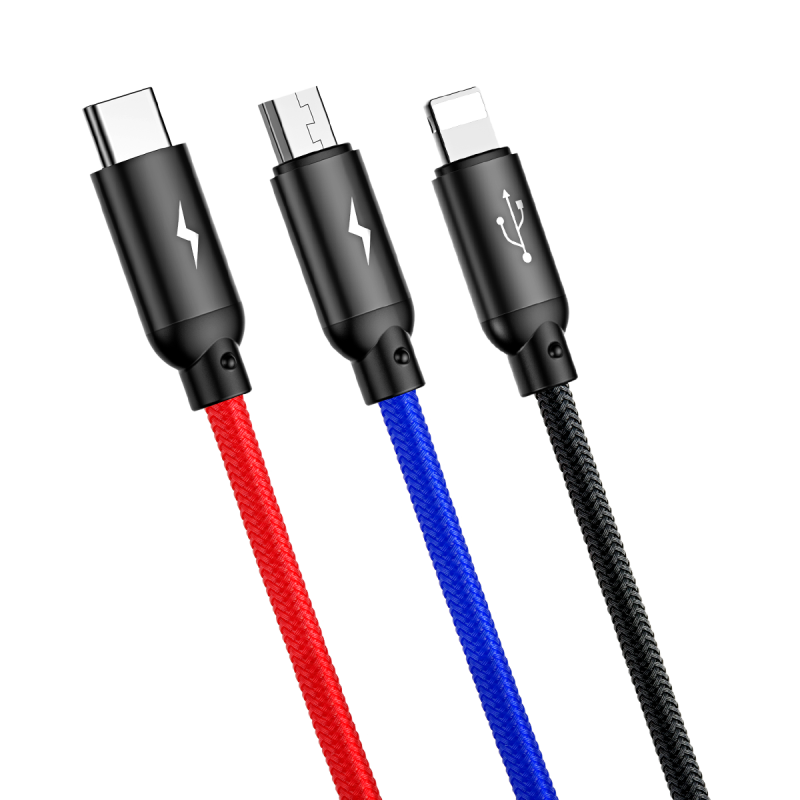 Cáp sạc nhanh 3 đầu kết nối iPhone, Type C, Micro USB Baseus Three Primary Colors 3 in 1