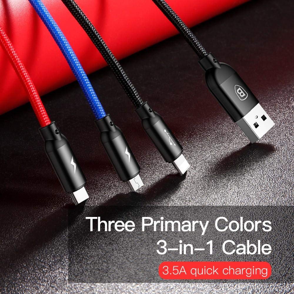 Cáp sạc nhanh 3 đầu kết nối iPhone, Type C, Micro USB Baseus Three Primary Colors 3 in 1