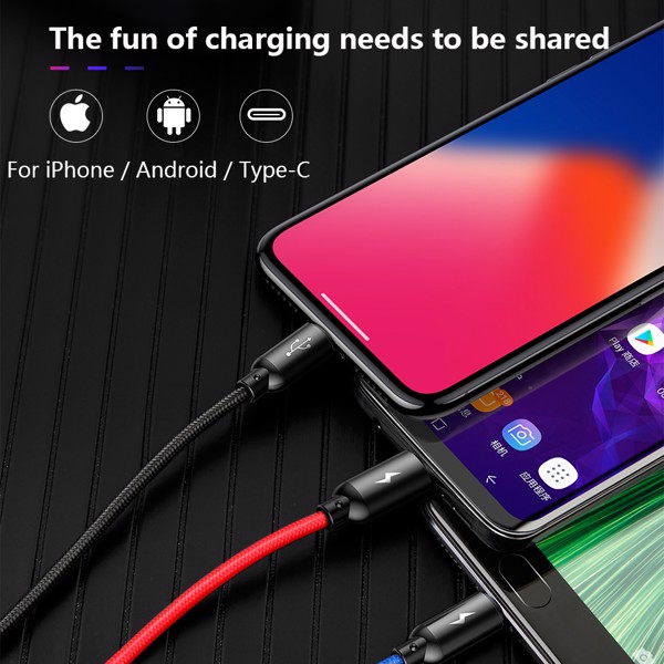 Cáp sạc nhanh 3 đầu kết nối iPhone, Type C, Micro USB Baseus Three Primary Colors 3 in 1