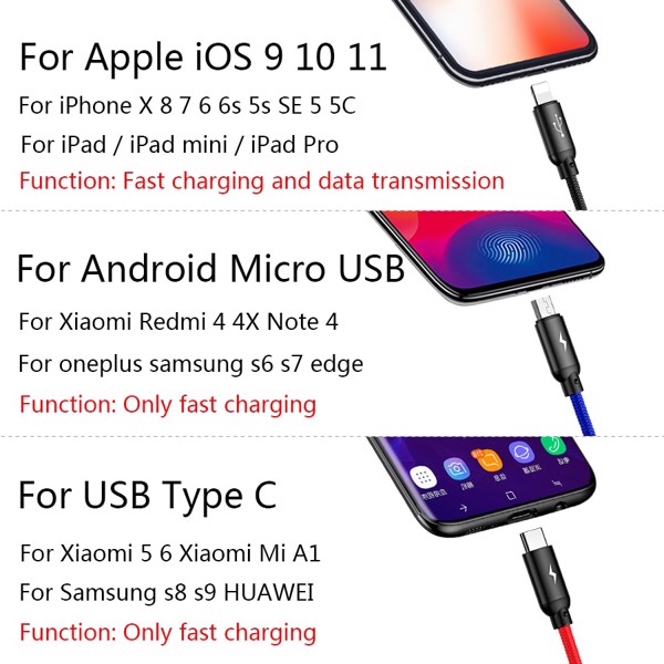 Cáp sạc nhanh 3 đầu kết nối iPhone, Type C, Micro USB Baseus Three Primary Colors 3 in 1