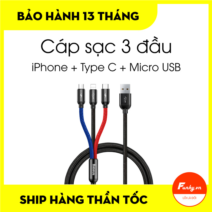 Cáp sạc nhanh 3 đầu kết nối iPhone, Type C, Micro USB Baseus Three Primary Colors 3 in 1
