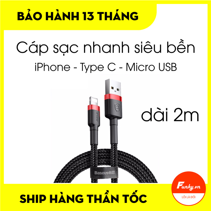 Cáp sạc Baseus Cafule Lightning, Type C, Micro USB dài 2M