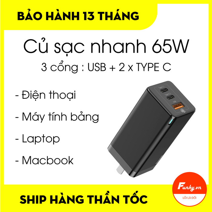 Củ sạc nhanh 65W Baseus GaN 2 Pro Quick Charger (1 USB + 2 Type C)