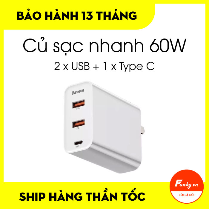 Củ sạc nhanh Baseus Speed PPS Quick Charger 60W Dual USB + Type C