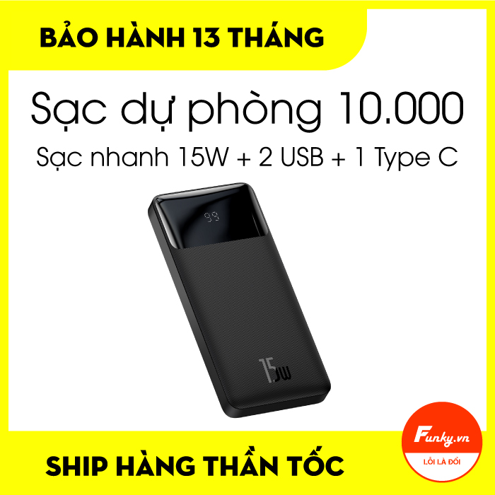Sạc dự phòng 10.000 mAh Baseus Bipow 15W Digital Display Power Bank Fast Charge